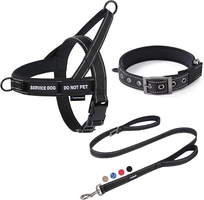Annchwool No Pull Dog Harness,Heavy Duty Reflective Collar & Leash Set-Leash with Double Handle & Car Seatbelt Clip-Easy Control for Walking Training Medium Large Size Dogs(Black,L)