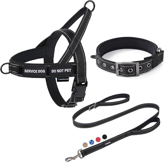 Annchwool No Pull Dog Harness,Heavy Duty Reflective Collar & Leash Set-Leash with Double Handle & Car Seatbelt Clip-Easy Control for Walking Training Medium Large Size Dogs(Black,L)