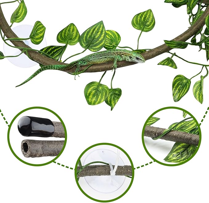 QUOZUO Reptile Tank Accessories, Artificial Plants Vines and Flexible Leaves With Suction Cups, Crested Gecko Tank Long Vines Hide for Climbing, Chameleon, Lizards