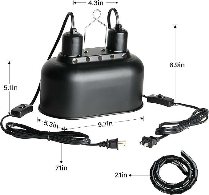 Simple Deluxe Reptile Lamp Fixture Aluminum Dome Light Dual Deep Cap Integration Design Heat-Lighting Lamp Double Sockets Bulbs Holder with Independent Switches, for Terrarium, Turtle Tank, Black
