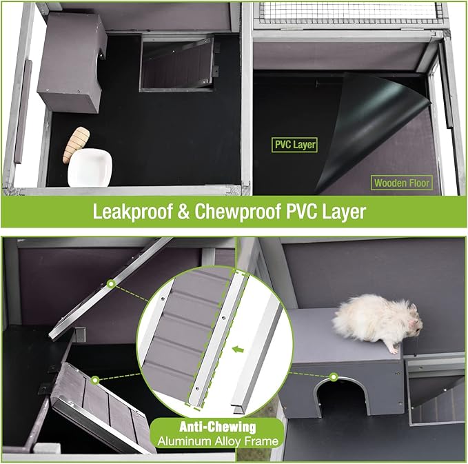 Hamster Cage 2 Story Guinea Pig Cage Large Rat House Indoor Rabbit Cage Outdoor Bunny Hutch with Leakproof PVC Floor and Anti-Chewing Edge