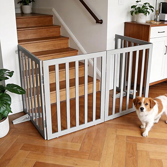 ZJSF Freestanding Indoor Dog Gate for House Foldable Wood Puppy Gate for Doorways Pet Gate for Stairs Extra Wide Pet Fence, Grey, 32" Height 3 Panels