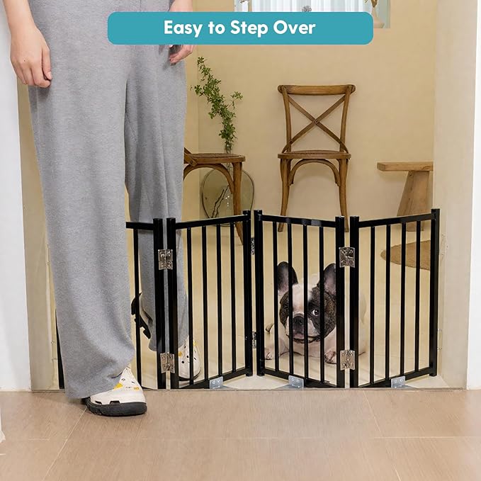 No Pawblems Free Standing Short Dog Gate, 16.5'' Tall Foldable Dog Fence for Indoor & Outdoor, Up to 48 Inch Extra Wide Puppy Gate for Stairs, Hallways, Doorways, Deck, Yard (Black, 4 Panels)