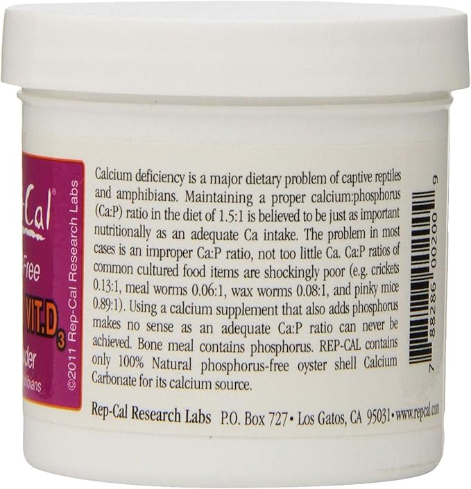 Rep-Cal Phosphorus Free Calcium with Vitamin D3 - Ultrafine Powder 3.3 oz - Pack of 4