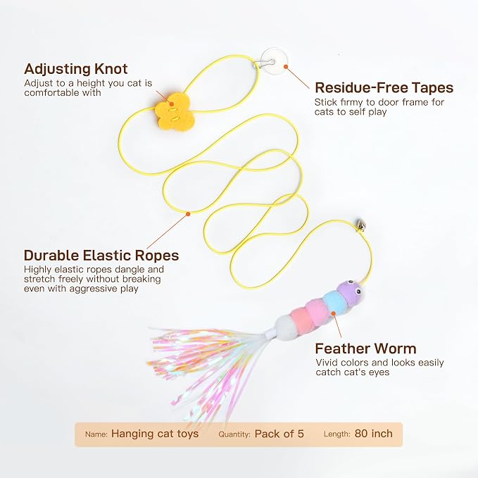 Potaroma Interactive Cat Feather Toys 5 Pcs, Cat Teaser Retractable Hanging Indoor Kitten Play Chase Exercise, Mental Physical Stimulation for All Breeds and Species (Pack of 2) - Image 6