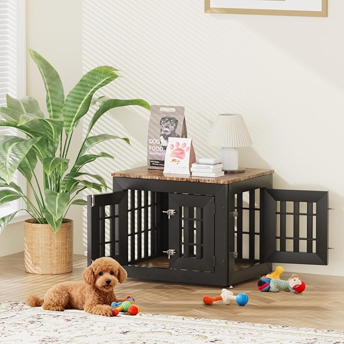 Snuowu 26" Heavy Duty Dog Crate Furniture for Small,Medium and Large Dogs,Rustic Wooden Dog Cage Kennel Indoor Furniture with Waterproof Top,Decorative Pet House Side End Table (Black & Wood)
