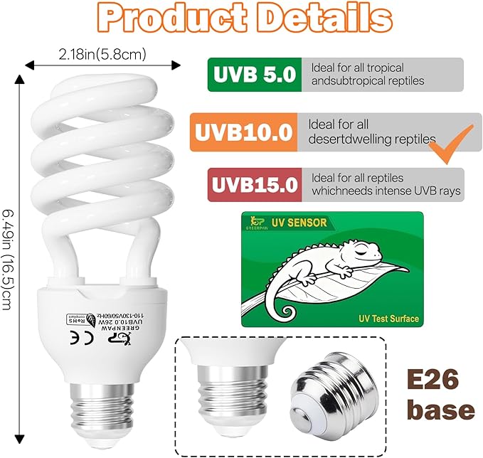 UVB Light for Reptiles 10.0: Bearded Dragon UVB Light for Desert Habitats, 26W UVA UVB Reptile Light Bulb for Lizards Tortoises, Terrarium Compact Fluorescent Lamp-UVB Bulbs with Free UV Sensor Card