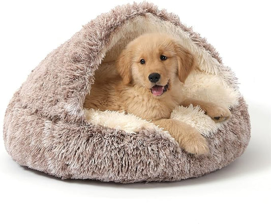 NOYAL Round Hooded Donut Dog Bed for Small & Medium Pets - Plush Fluffy Anti-Anxiety Cat Cave Bed with Cover