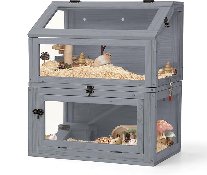 COZIWOW 2-Tier Wood Hamster Cage, Guinea Pig House with Hideouts, Ramps, Acrylic Window, Door Access, Detachable Squirrel Cage for Hedgehogs Gerbils Mice Small Animals, Gray