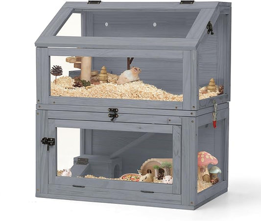 COZIWOW 2-Tier Wood Hamster Cage, Guinea Pig House with Hideouts, Ramps, Acrylic Window, Door Access, Detachable Squirrel Cage for Hedgehogs Gerbils Mice Small Animals, Gray