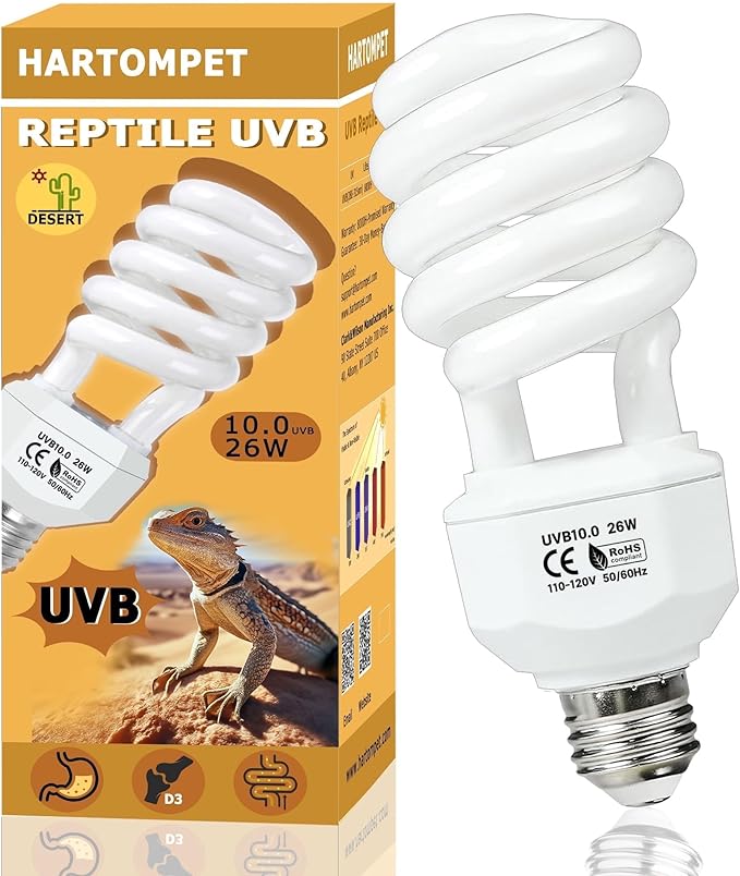 HARTOMPET UVB 10.0 Reptile Light 26W, Compact Fluorescent Coil Lamp for Desert Terrariums, Ideal for Tortoises, Iguanas & Other Sun-Loving Reptiles