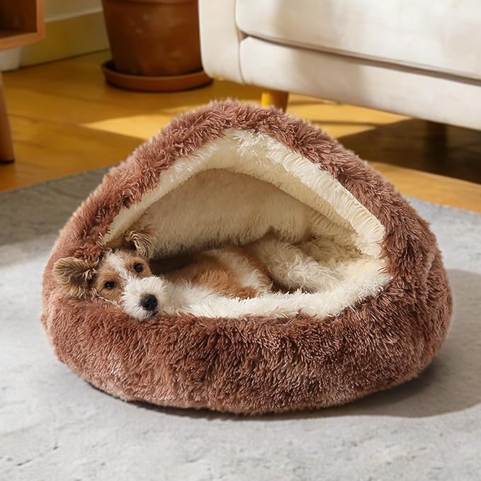 NOYAL Dog Bed Round Hooded Plush Cat Cave Donut Anti Anxiety Fluffy Dog Bed for Small Medium Dog and Cat - Bandhnu Coffee, Large 27.5
