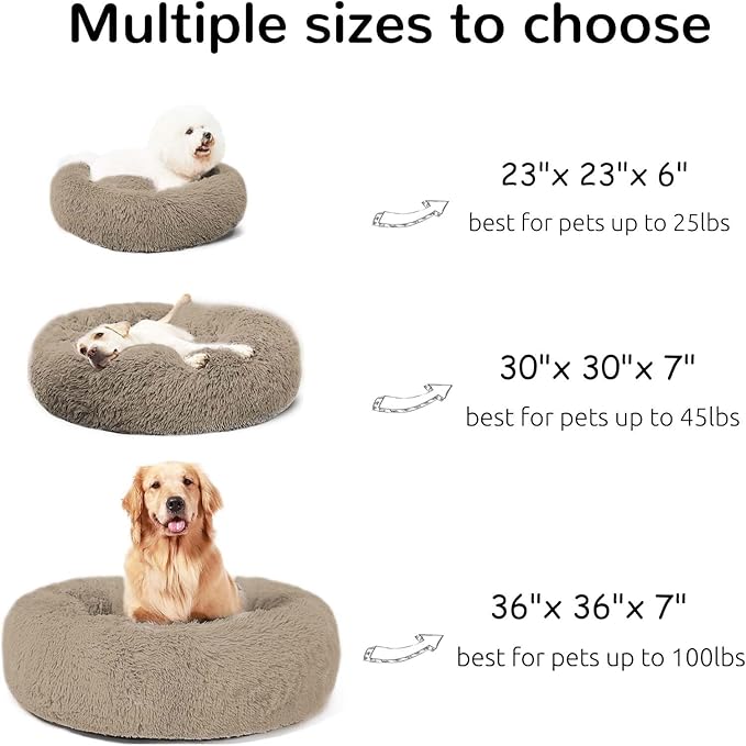 HACHIKITTY Calming Donut Cuddler Dog Bed, Round Fluffy Pet Bed with Sewn-in Cushionfor Large Dogs,Washable, Large, Taupe, 24''