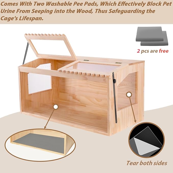 Wooden Hamster Cage,32"x16"Large Hamster Cage,2 Washable Liners & 2 Adjustable Ventilation Window. Small Animal Cage for Dwarf Syrian Hamsters Degus Mice & Other Small Pets.