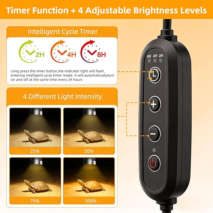 COOSPIDER 50W Reptile Heat Lamp with Clamp & Timer, Small Turtle Basking Light Fixture 360° Rotatable Hose with 2 Spare G9 Base Bulbs for Plants Small Reptiles Bearded Dragon Lizard Snake