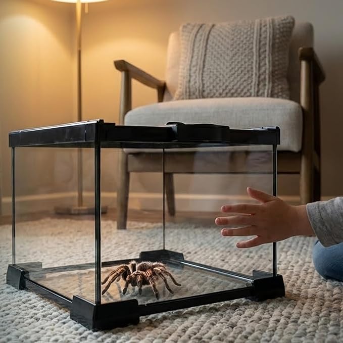Small Glass Reptile Enclosure,8x8x6 Tarantula Enclosure with Lockable Sliding Screen Top - Full View Insects Breeding Box Small Amphibians Cage for Leopard Gecko, Frog, Hermit Crab, Isopods