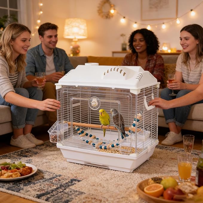 Portable Bird Cage, Escape Proof Small Carrier, Breathable Mesh Carrier for Canaries Cockatiel Lovebird Conures, Sturdy Travel Cage for Indoor Outdoor Home Trips Traveling Pet Accessory