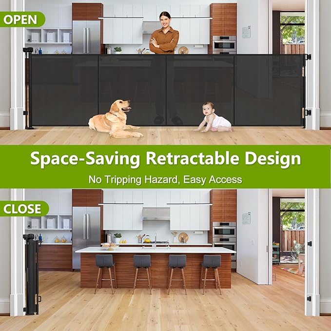 Reinforced 42" Tall Retractable Baby Gates Extra Wide Dog Gate with Support Rods - Prevent Crawling Under, 175" Extra Long Baby Gate Tall Dog Gate Indoor Retractable Fence Outdoor Garage Gate, Black