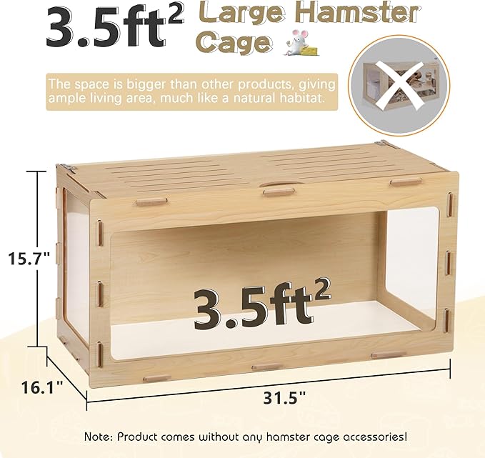 COZIWOW Hamster Cage 32", Large Wooden 270° Panoramic View Chewproof Habitat, Bigger World Small Animal House with Openable Top & Acrylic Panels for Syrian, Dwarf Hamsters, Gerbils