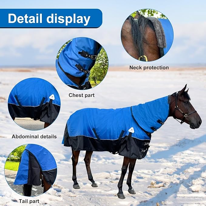 Turnout Blanket for Horses, Waterproof Thickened Horse Sheet with Detachable Neck Cover,1600D Nylon Outer, 400g Heavy Weight Filling, Blue (US 72IN(EU 135cm))