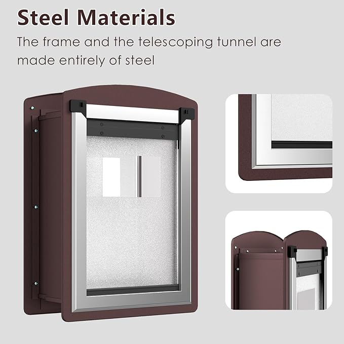 Dog Door for Wall, Extra Large Dog Door with 2 Magnetic Flaps, 2 Lock Panels, Steel Frame and Telescoping Tunnel, Doggie Door for Interior and Exterior Wall, X-Large, Coffee Color