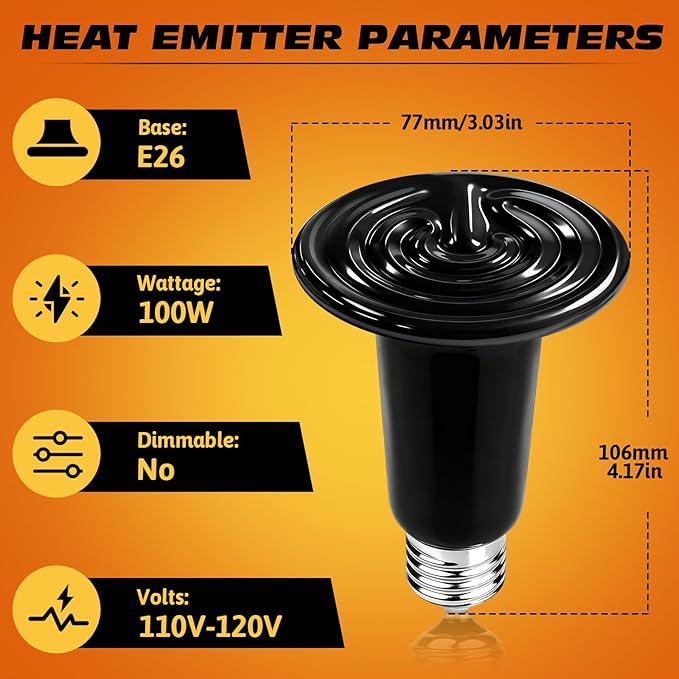 100W Ceramic Heat Emitter Reptile Heat Bulb E26 Base Heat Lamp Bulbs No Light Heat Lamp for Amphibian Pet Brooder Coop Lizard Turtle Snake Terrarium