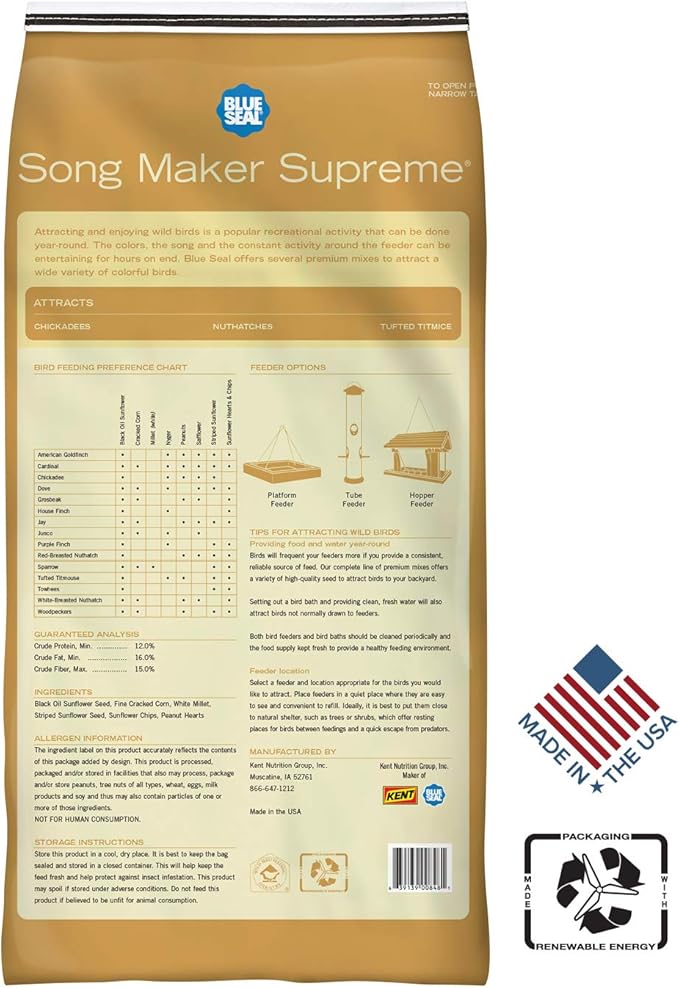 Blue Seal Song Maker Supreme Wild Bird Seed | High Energy Mix, No Fillers | Attracts Wide Variety of Wild Outside Birds | Convenient Shell-Free Mix | Made in USA | 8 Pound Bag