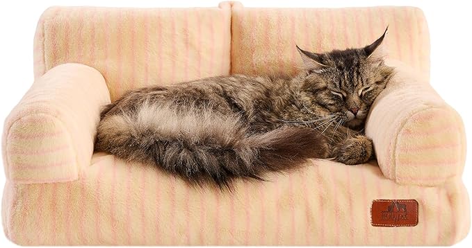 Hollypet Fluffy Dog Cat Bed Pet Couch Beds Plush Soft Warming Washable Puppy Bed for Small Medium Dogs and Large Cats, Pink Stripes, 24" L x 18" W x 10" Th