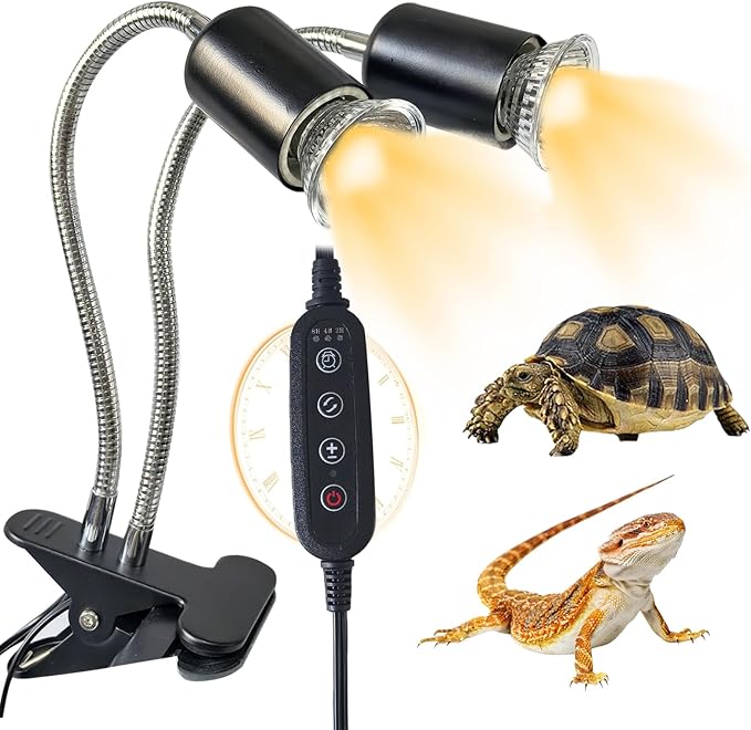 BNOSDM Reptile Heat Lamp, Dual-Head UVA UVB Light for Aquarium Turtle Tank, Reptile Lamp Fixture with 2*50W Basking Light and 360° Rotatable Timing & Dimming, Tortoise Heat Lamp for Lizard Snake Chick