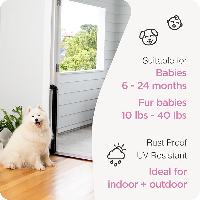 Retractable Baby Gate Perma Child Safety 33" Tall x 55” Wide, Mesh, for Stairs, Doorways, Dogs, Pets, Indoor, Outdoor, One-Handed Operation, Locking, Easy Install, Hardware Mount, Black