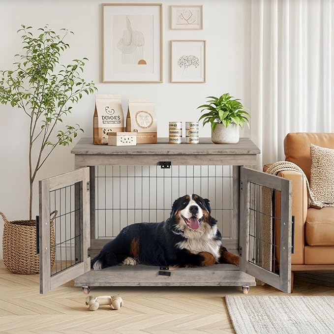 VINGLI Dog Crate Furniture, 32'' Wooden Dog Kennel with Wheels, Double Doors Indoor Dog Cage End Table, Grey (Medium-32 inch)