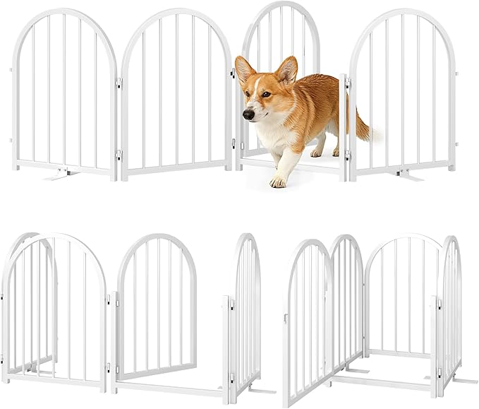 PUPETPO Full Metal Dog Gate with Door for Indoor Outdoor, 24" Tall Free Standing Pet Dog Fence, 72" Extra Wide Pet Gates for Stairs, Hallways, Doorways, Kitchen, Decks, Yards (White, 4 Panels)