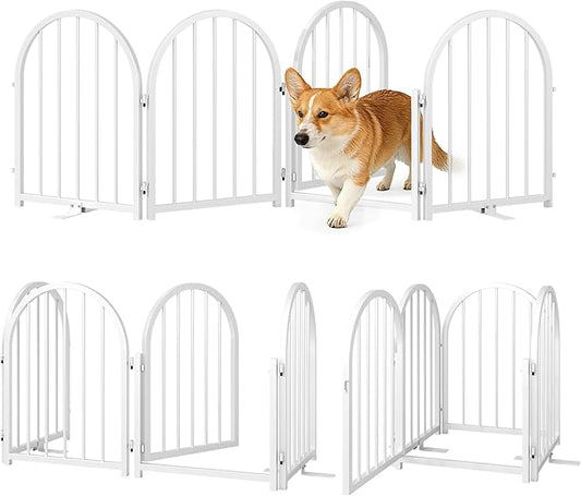 PUPETPO Full Metal Dog Gate with Door for Indoor Outdoor, 24" Tall Free Standing Pet Dog Fence, 72" Extra Wide Pet Gates for Stairs, Hallways, Doorways, Kitchen, Decks, Yards (White, 4 Panels)