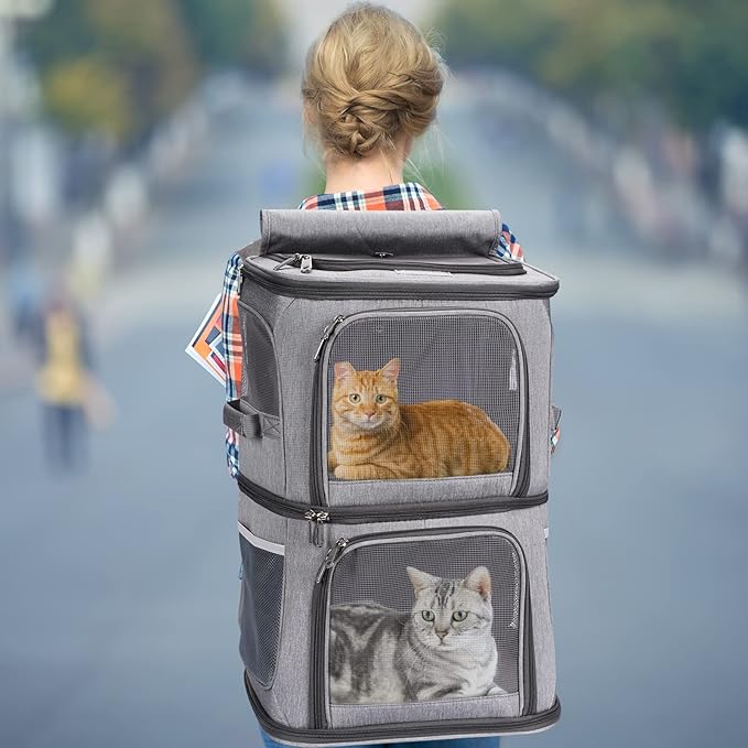 2-in-1 Double Pet Carrier Backpack for Small Cats and Dogs, Portable Pet Travel Carrier, Super Ventilated Design, Ideal for Traveling/Hiking/Camping, Large Size