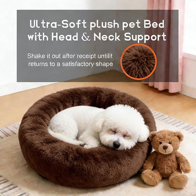 Comfort Donut Dog Bed for Small Dogs, Cat Bed & Pet Bed for Indoor Use, Medium Size with Soft Plush, Round Dog Beds for Large Dogs and Cats (Coffee, 20''Lx20''Wx8''Th)
