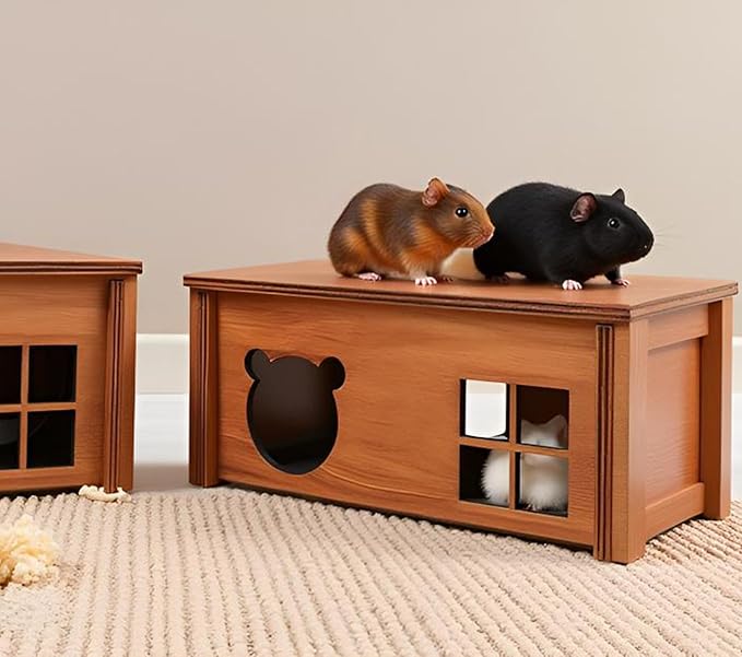 Wooden Guinea Pig Hideout, Small Animal Houses Habitats, Large Hideout House for Small Rabbit Chinchilla Gerbil, Sturdy Hamster Hideout Bed Hutch Bunny Cage
