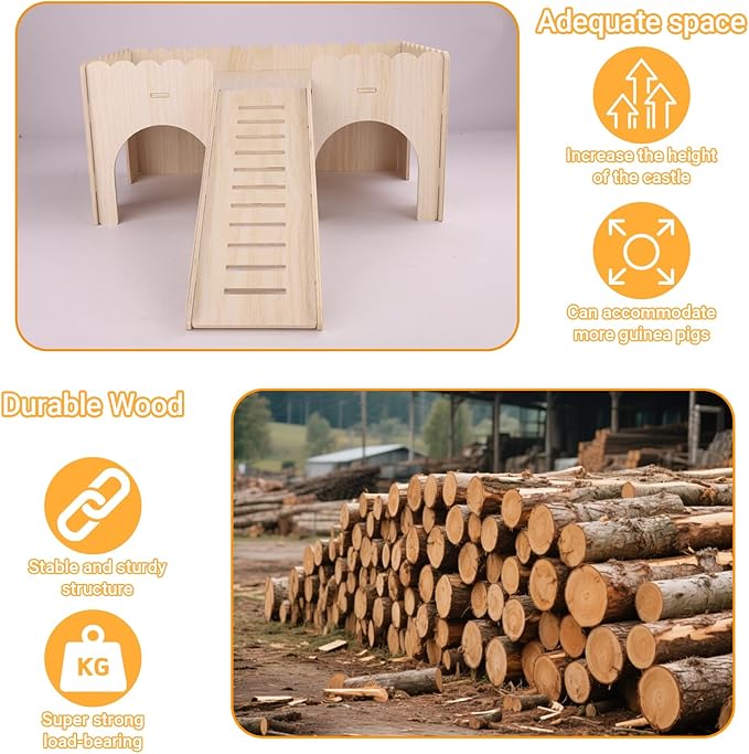 Large Wood Guinea Pig Hideout, 4 Doors Upgraded Guinea Pigs House with Ramp, Easy to Assemble Castle Detachable Small Animal House Bed Hut Habitats for Hamster Hideout/Rabbit/Chinchilla Hideout