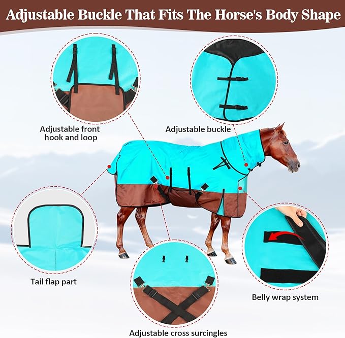 72" Waterproof Breathable Horse Blanket (No Fill), 600D Oxford Cloth Winter Turnout Rain Sheet with Removable Neck Cover, Windproof Tail Flap and Belly Wrap, Suitable for Stables, Pastures, Paddock