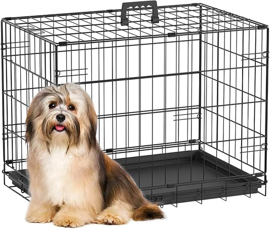 FDW Dog Crate 24-Inch Dog Cage Single Door Foldable Metal Kennel with Leakproof Tray Foldable Design Indoor Outdoor Use for Small Dogs,Dark Black