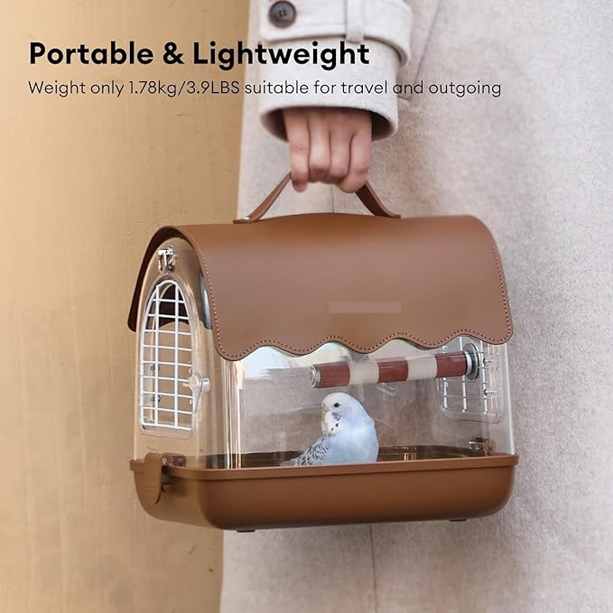 Indoor Bird Cage Bird Carrier Backpack with Perch, Transparent Travel Cage Bag with Shade Cover Visible Window for Parrots Budgie Decorative Aviary(Brown)