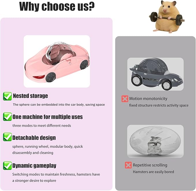 Fun Hamster Fitness Ball Sports car! Three Modes of Short Hamster Toys! Includes 4.72-inch Detachable Transparent Ball - Safe and Cute Wheels, Suitable for Happy Little Pets! (Pink)