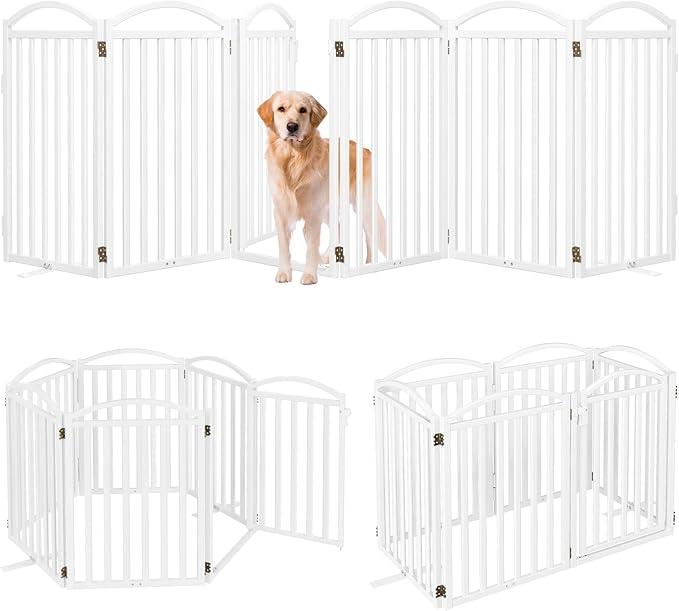 Malier Metal Freestanding Dog Gates with Door, 32'' Height Outdoor Indoor Dog Fences, Extra Wide Foldable Puppy Gate for Stairs (White, 【6 Panels with Door】 120''W × 32''H)