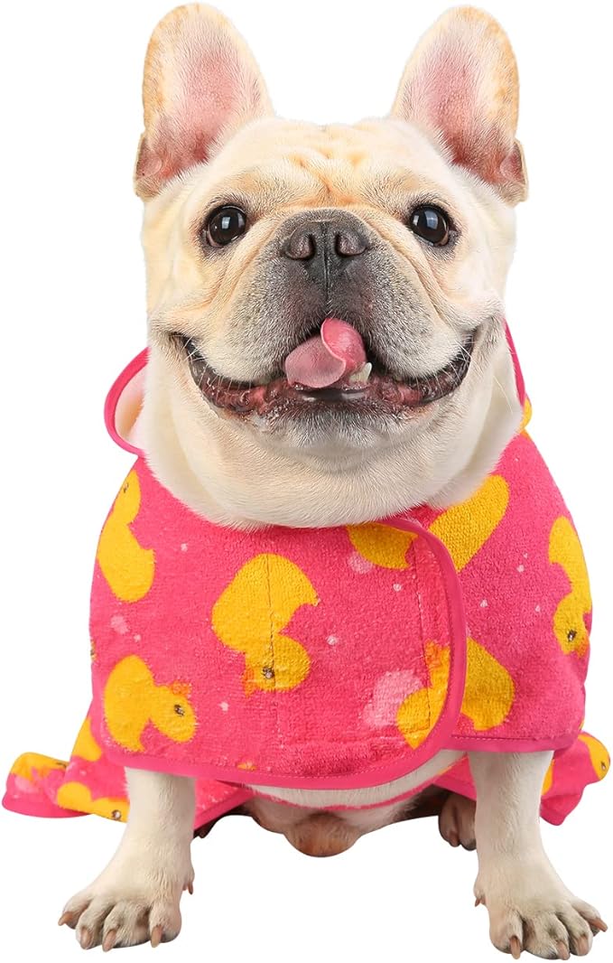HDE Dog Bathrobe Super Absorbent Quick Drying Puppy Towel Wrap Coat Adjustable After Bath Robes with Hood for Dog Sizes S-XXL Pink Rubber Ducks S