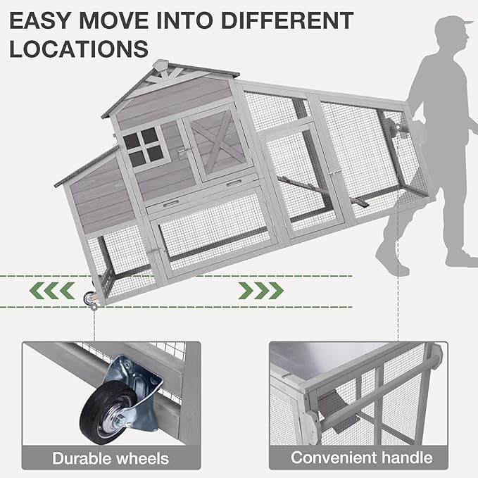 Mobile Chicken Coop with Wheels, Wooden Chicken House with Run, Large Hen Cage with UV Proof Roof and Leak-Proof Tray, Outdoor Chicken Coops with Nesting Box for 2-4 Chickens (Grey)