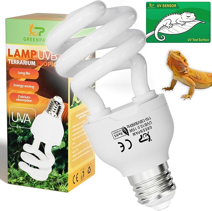 UVB Light for Reptiles 10.0: Bearded Dragon UVB Light for Desert Habitats,15W UVA UVB Reptile Light Bulb for Lizards Tortoises,Terrarium Compact Fluorescent Lamp-UVB Bulbs with Free UV Sensor Card