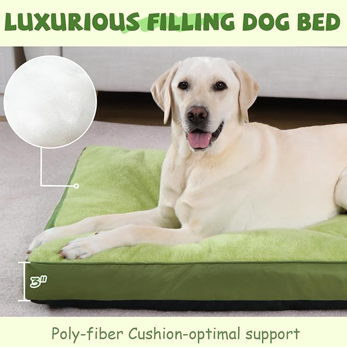Dog Crate Bed Waterproof Deluxe Plush Dog Beds with Removable Washable Cover Anti-Slip Bottom Pet Sleeping Mattress for Large, Medium, Jumbo, Small Dogs, 29 x 18 inch, Green