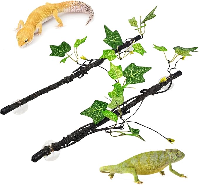 PINVNBY 2 PCS Snake Climbing Branch, Flexible Jungle Reptile Vine with Suction Cup Gecko Climb Tree Branches Chameleons Cage Accessories for Lizards,Tree Frog, Crested Gecko,Snake Enrichment（Green）