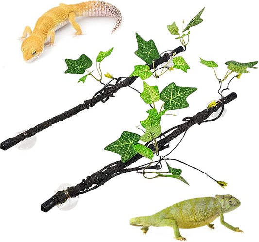 PINVNBY 2 PCS Snake Climbing Branch, Flexible Jungle Reptile Vine with Suction Cup Gecko Climb Tree Branches Chameleons Cage Accessories for Lizards,Tree Frog, Crested Gecko,Snake Enrichment（Green）