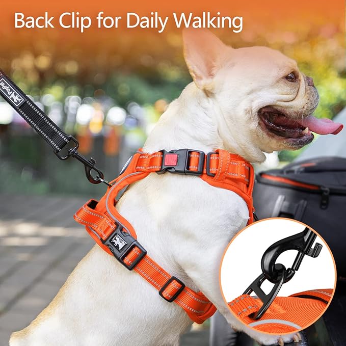 PoyPet No Pull Dog Harness, No Choke Reflective Dog Vest, Adjustable Pet Harnesses with Easy Control Padded Handle for Small Medium Large Dogs(Orange Matching Trim,L)