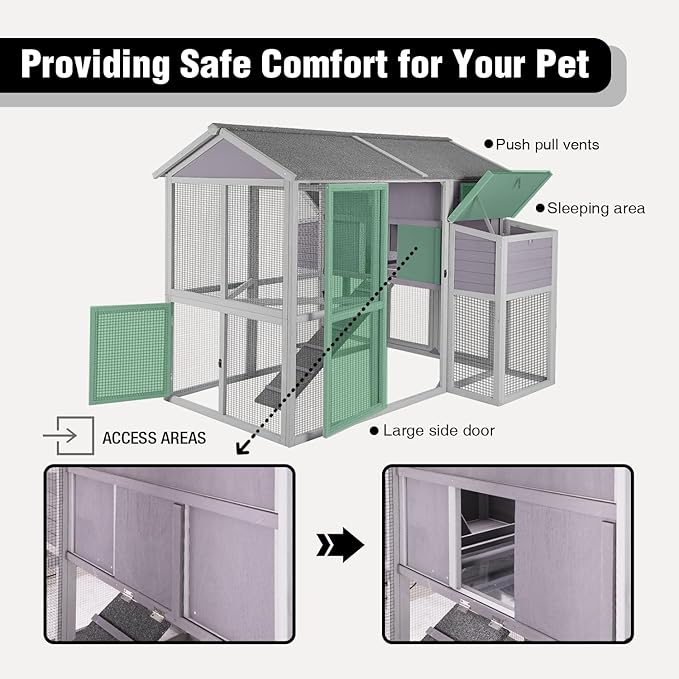 Super Large Chicken Coop - Outdoor Chicken Tractor with 2 Large Nesting Box, Wooden Hen House with Waterproof Asphalt Roof, Poultry Cage with Leakproof Pull-on Tray